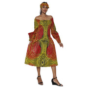 Women's African Print Off Shoulder with Cuff Sleeve Midi Dress -- FI-50076