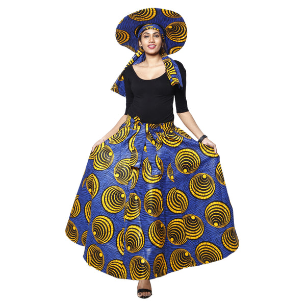 Women's Printed Long Skirt with Matching Scarf and Hat blue/yellow and black contrast