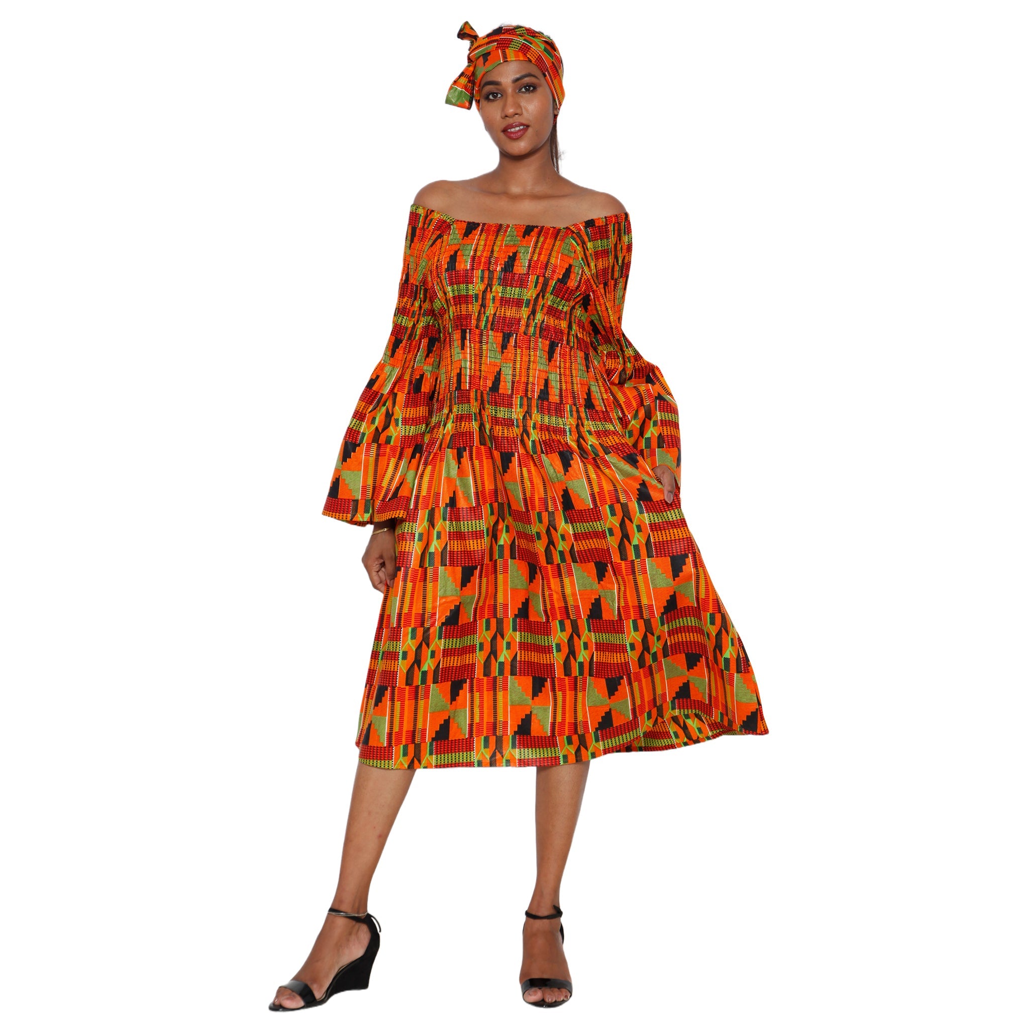 Women's Long Sleeve Smocking Short Dress with Bell Sleeves -- FI-50073