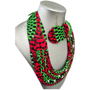 Women's African Printed Single Layer Fabric Necklace Set with Round Earrings