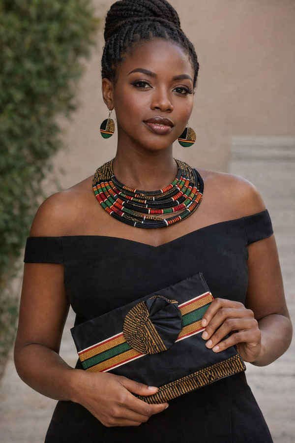 Women's Multi Strand Necklace Set with Matching Clutch