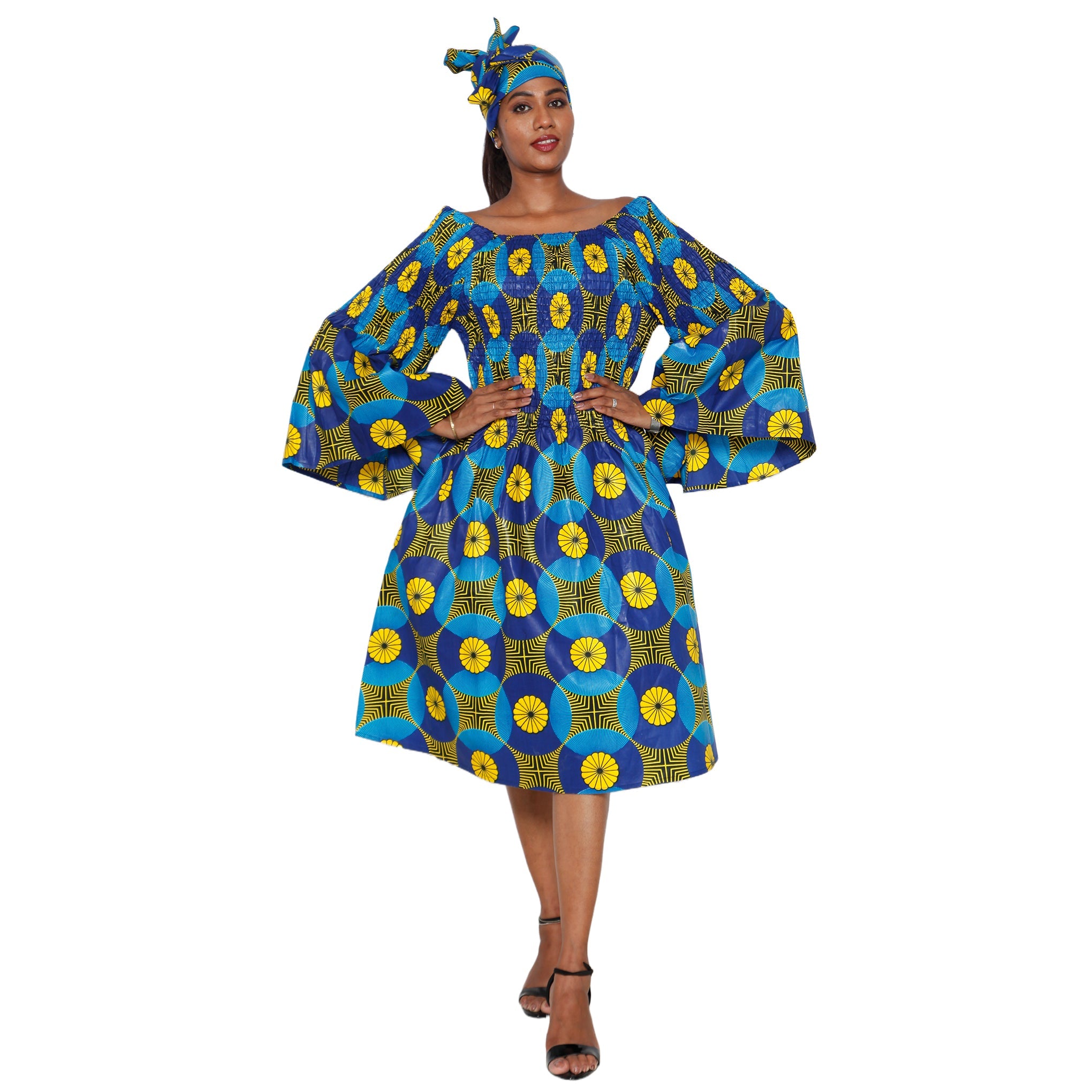 Women's Long Sleeve Smocking Short Dress with Bell Sleeves -- FI-50073