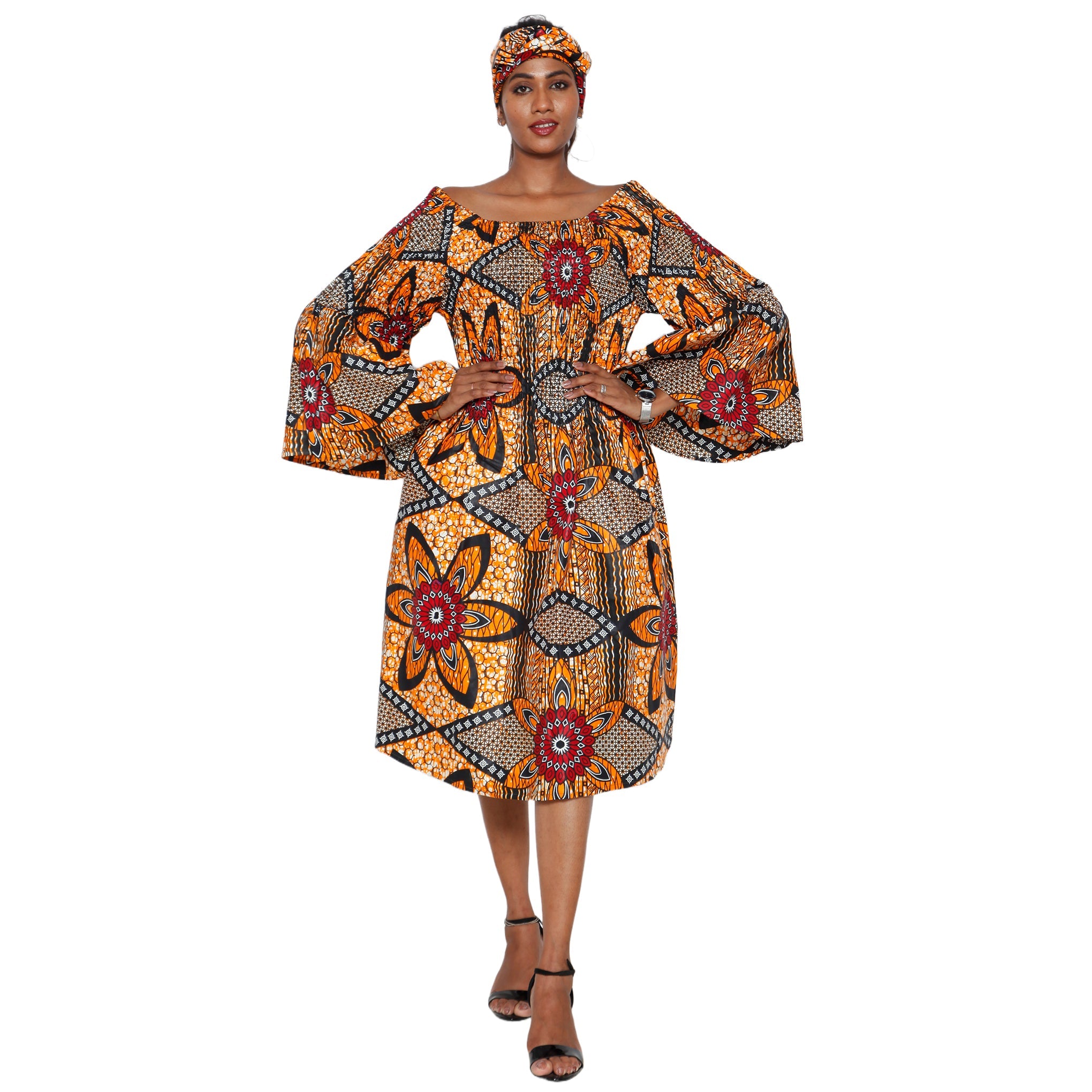 Women's Long Sleeve Smocking Short Dress with Bell Sleeves -- FI-50073