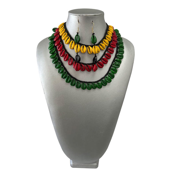 Women's 3 Strand Rasta Cowrie Shell Necklace Set