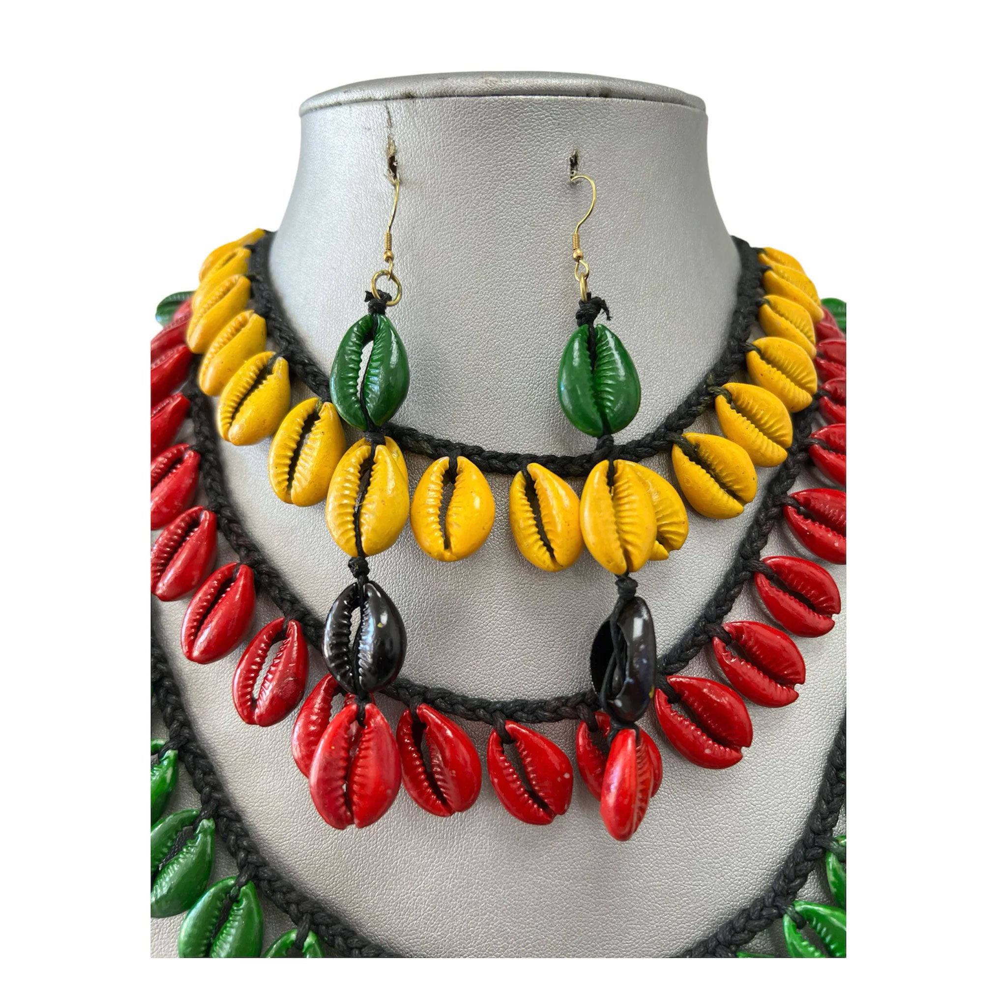 Women's 3 Strand Rasta Cowrie Shell Necklace Set