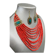Women's Coral Beaded Necklace Set with Turquoise Pendants