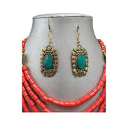 Women's Coral Beaded Necklace Set with Turquoise Pendants
