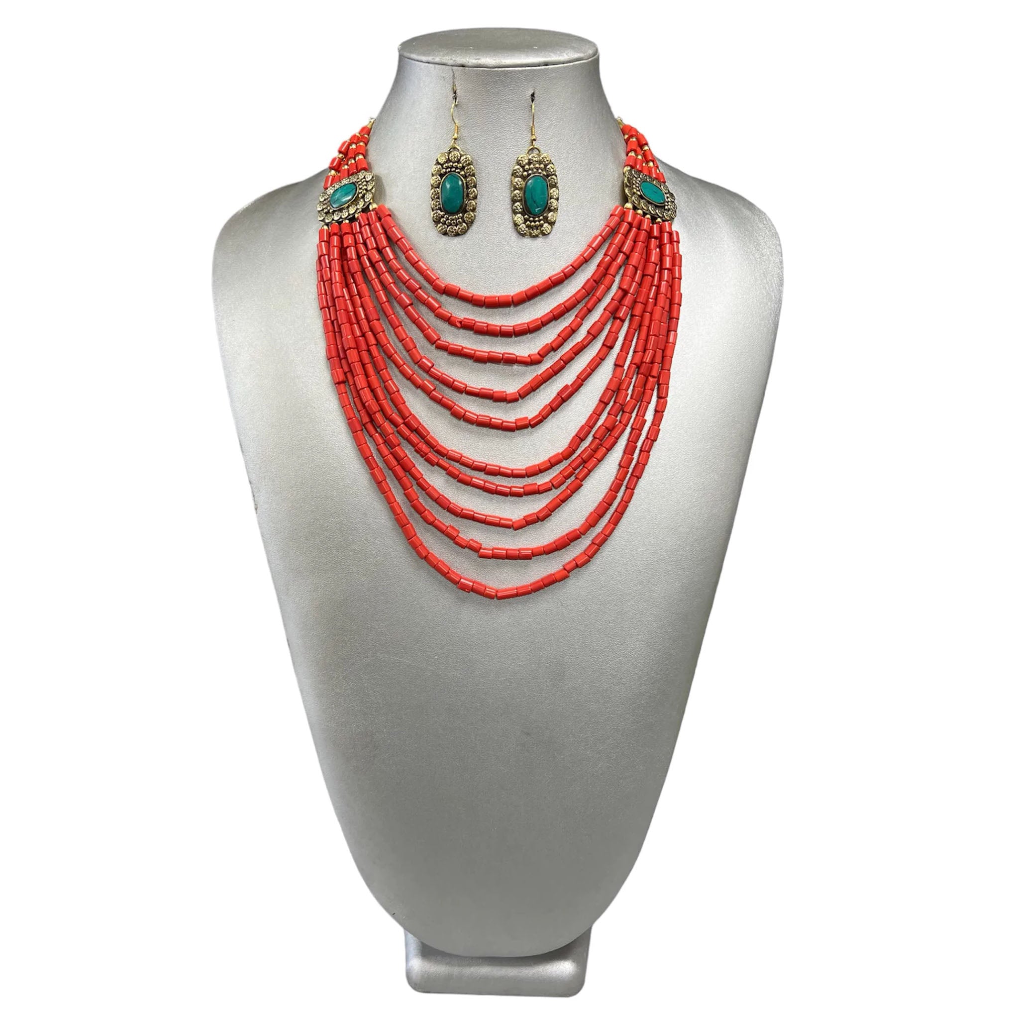 Women's Coral Beaded Necklace Set with Turquoise Pendants