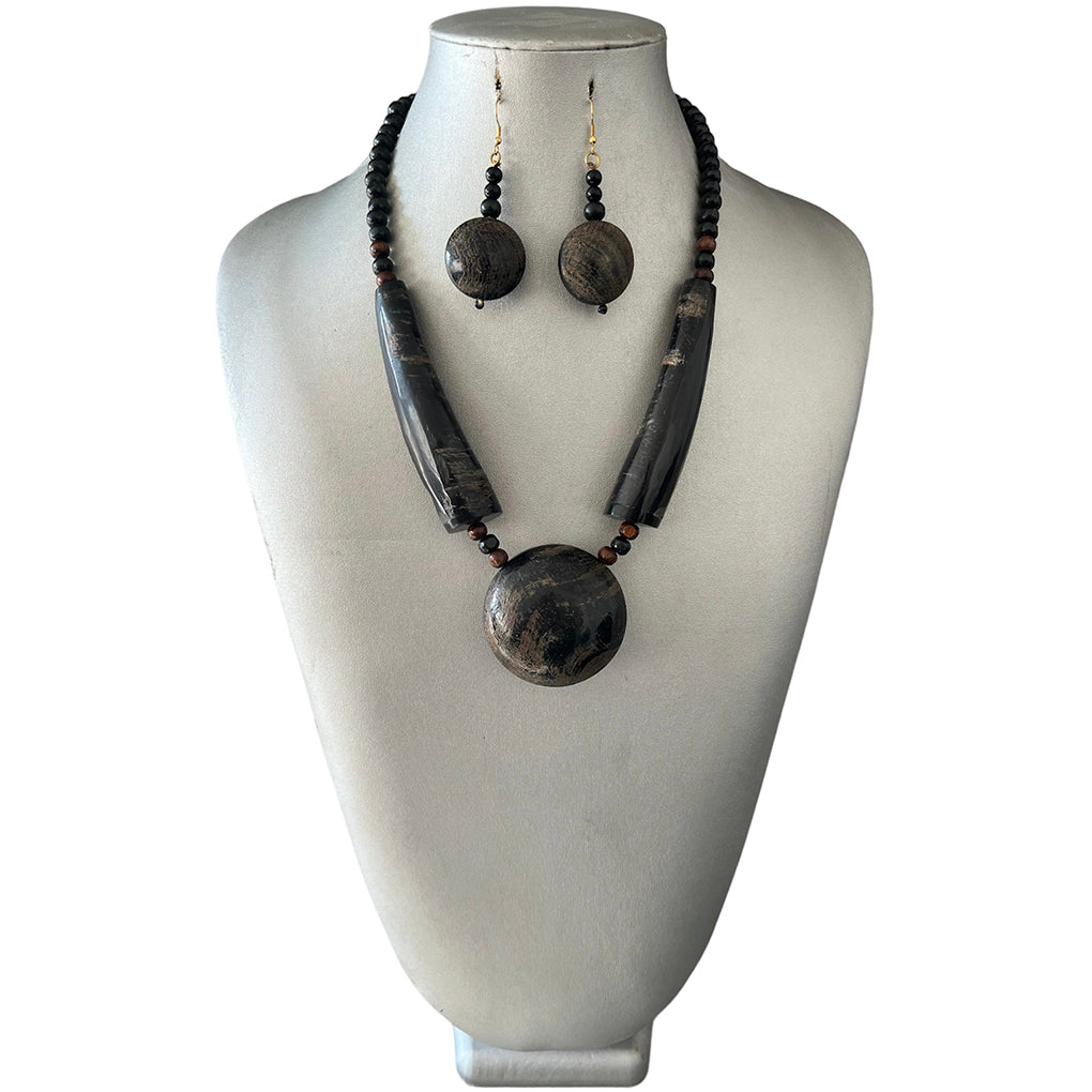 African Tribal Wooden Necklace and Earrings Set