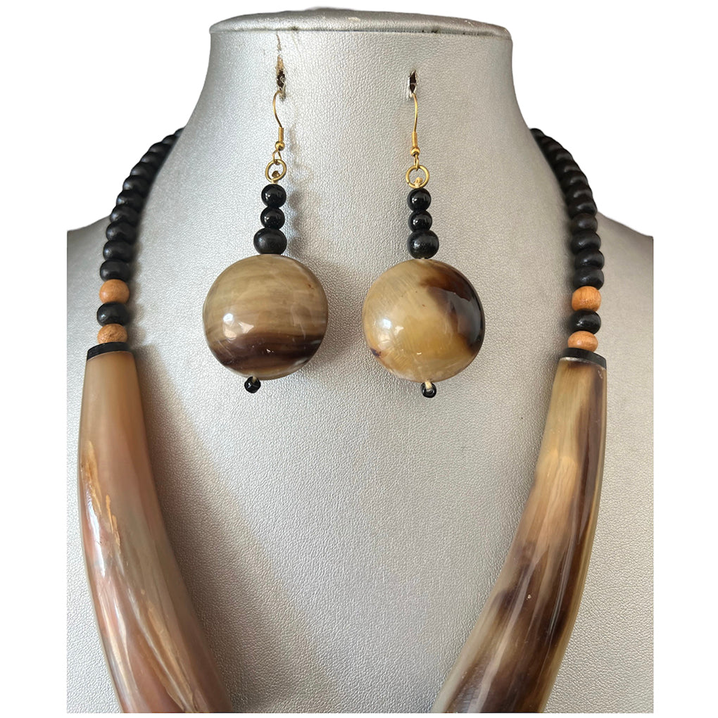 African Tribal Wooden Necklace and Earrings Set