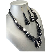 African Black Wooden Necklace with Tribal Print