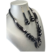African Black Wooden Necklace with Tribal Print - Side View