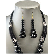 African Black Wooden Necklace with Tribal Print