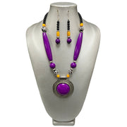 Women's Colored Wooden Necklace Set With Large Pendant -- Jewelry 49