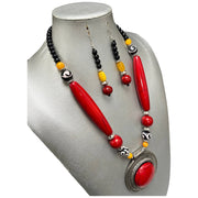 Women's Colored Wooden Necklace Set With Large Pendant -- Jewelry 49