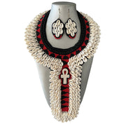 Women's African Cowrie Shell Red Tribal Necklace Set -- Jewelry 50