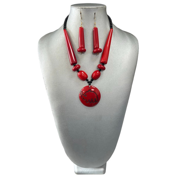 African Women's Colored Wood Necklace -- Elephant printed