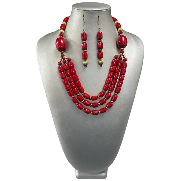 African Women's Wooden Beaded 3 Layer Necklace Set front look