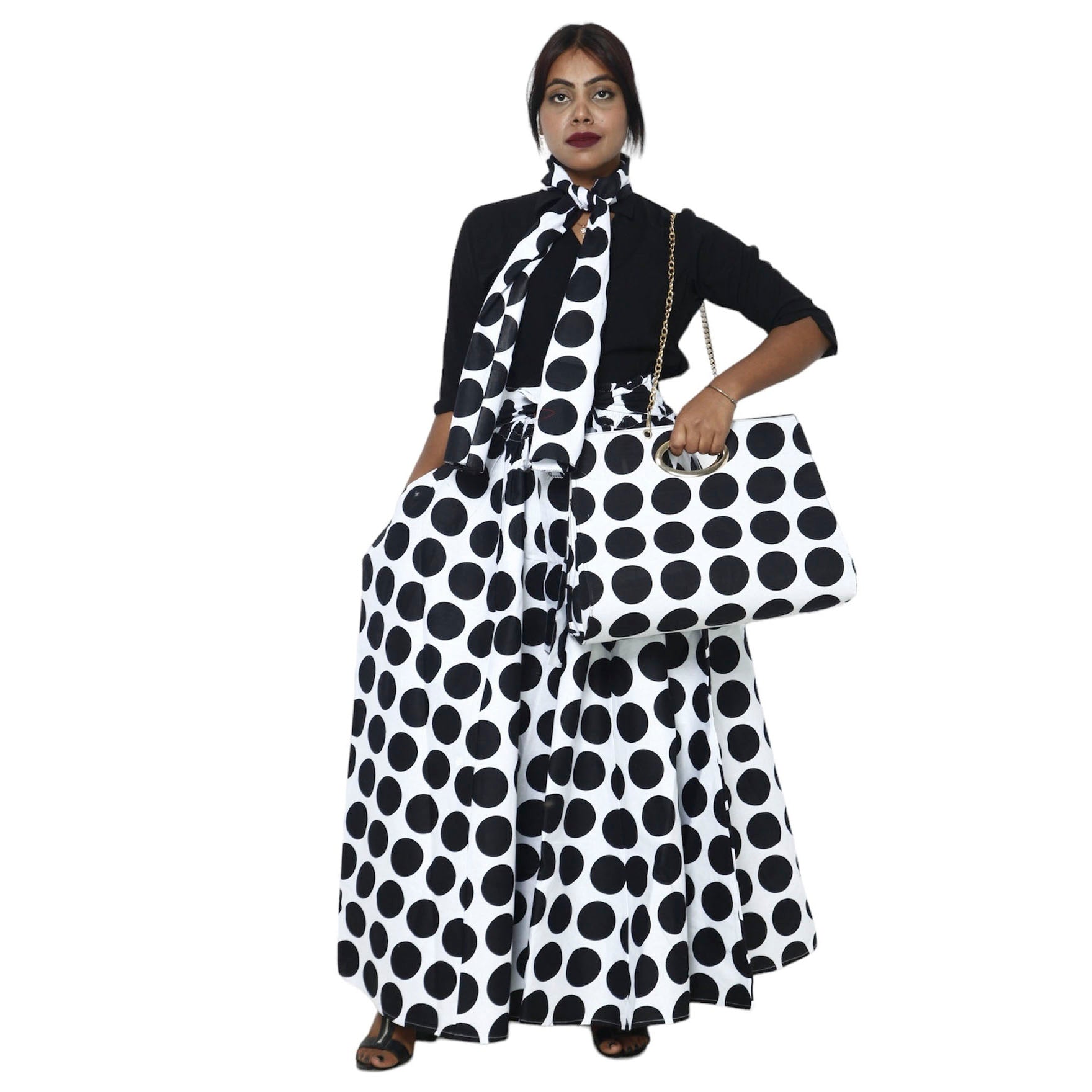 Women's Printed Tie Waist Maxi Skirt with Handbag - FI-32P
