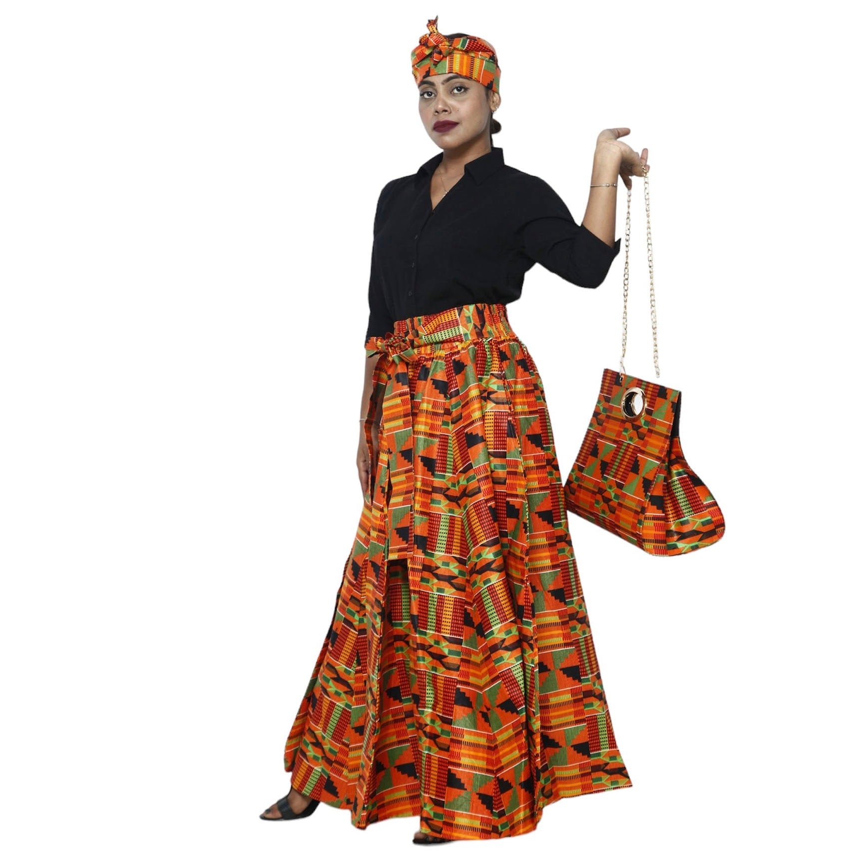 Women's Printed Tie Waist Maxi Skirt with Handbag - FI-32P