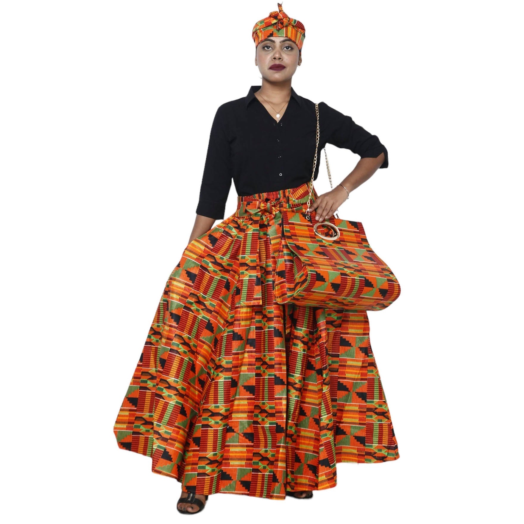 Women's Printed Tie Waist Maxi Skirt with Handbag - FI-32P