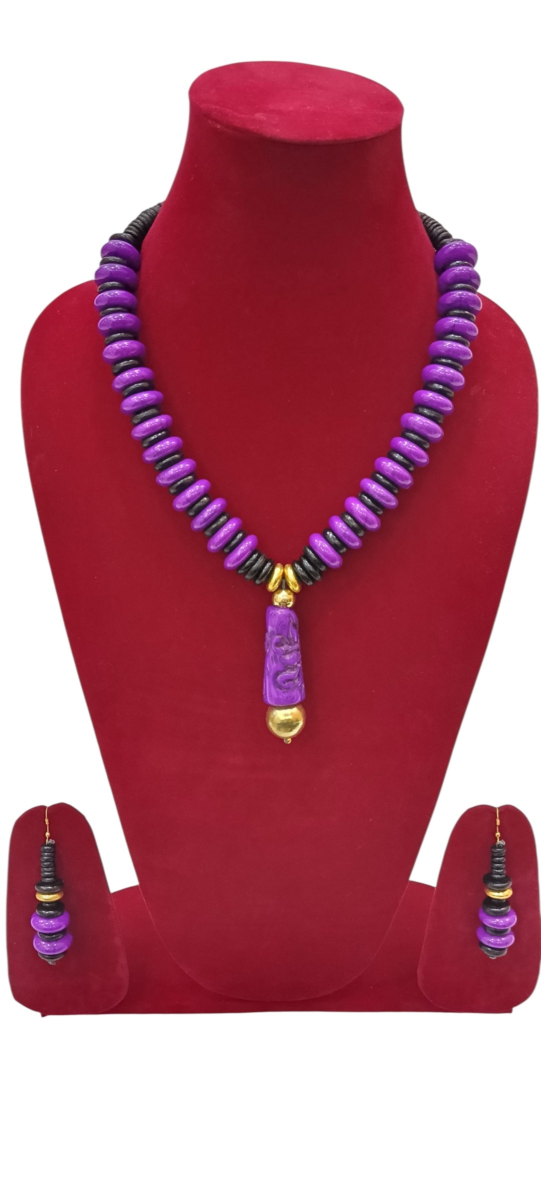 Solid Color Beaded Necklace Set with Long Pendant