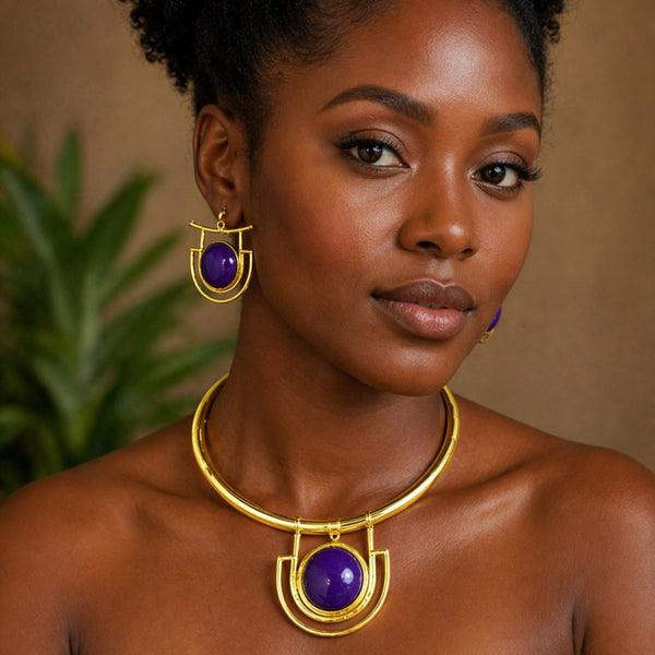 Purple Stone Pendant Choker Necklace Set