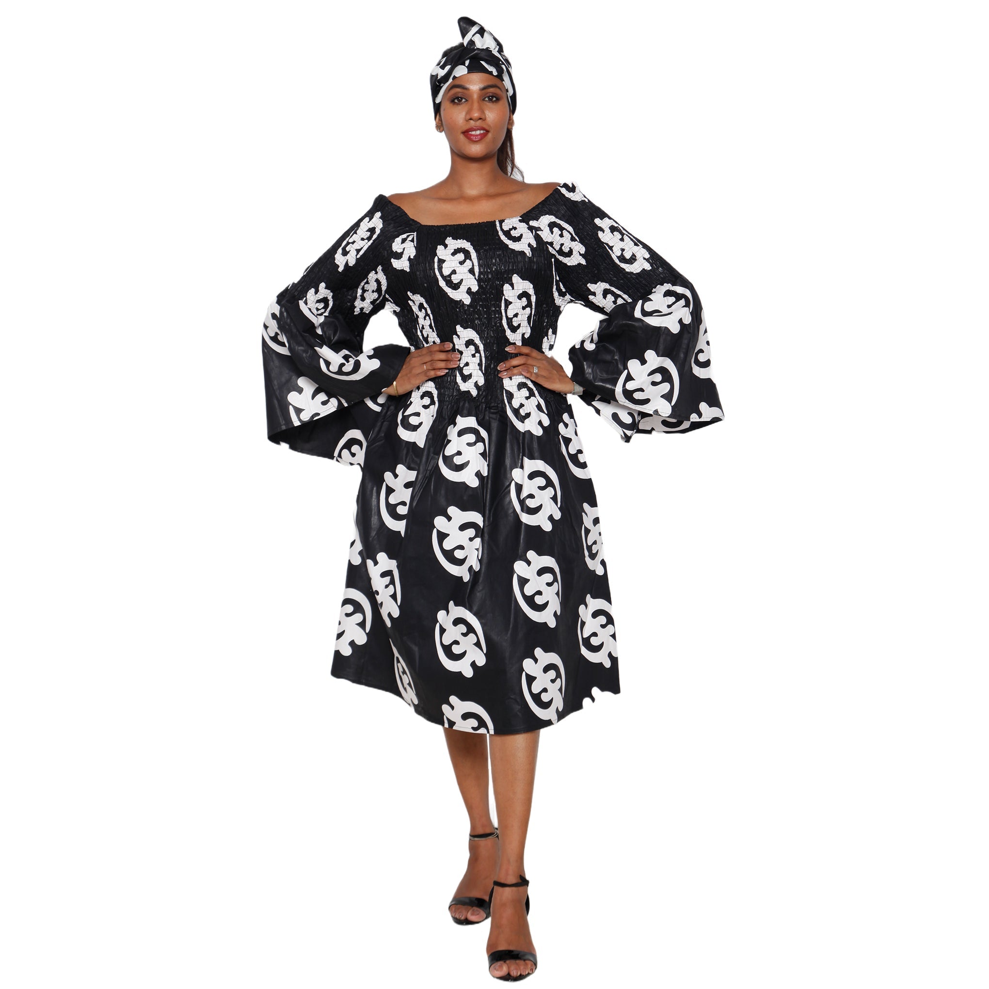 Women's Long Sleeve Smocking Short Dress with Bell Sleeves -- FI-50073