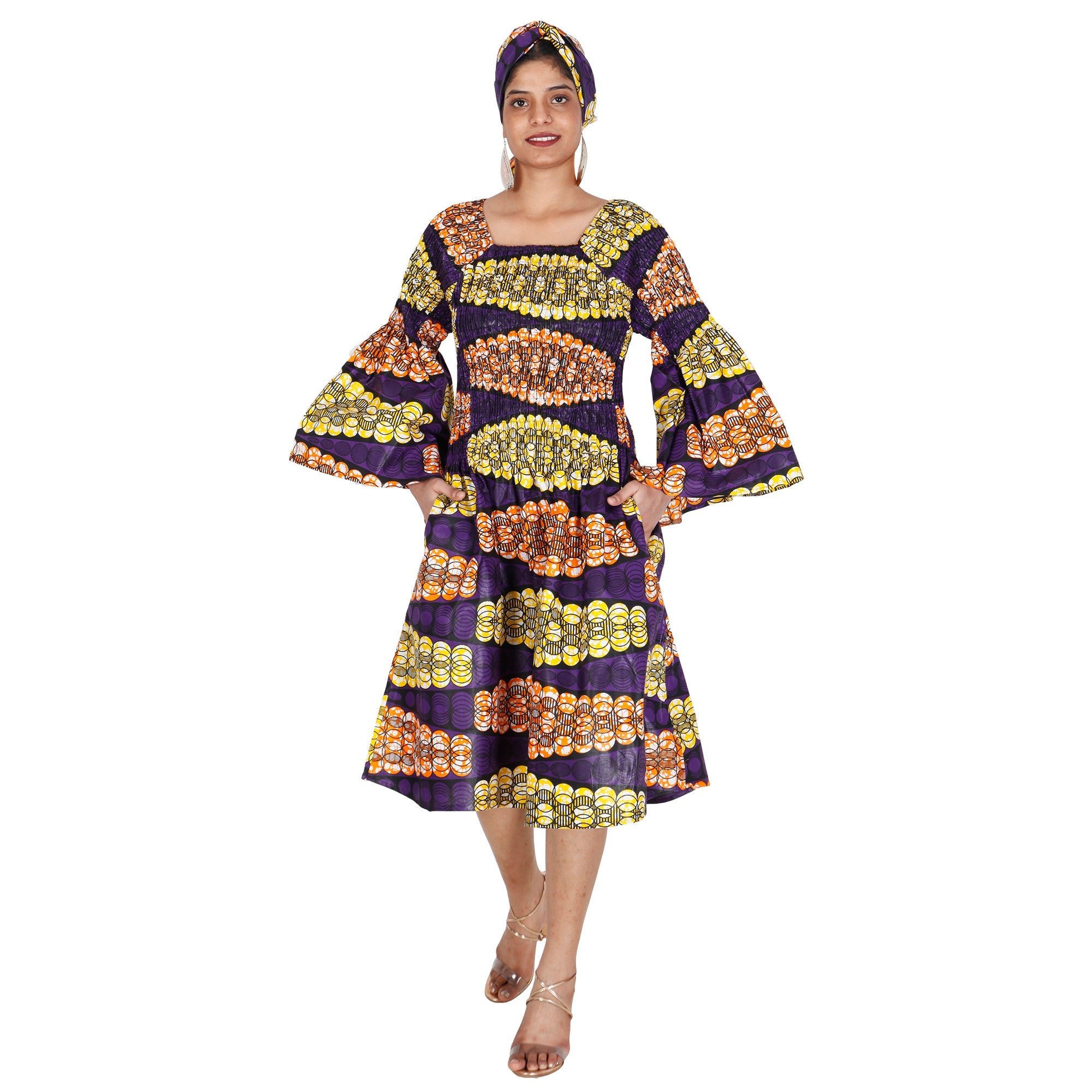 Women's Long Sleeve Smocking Short Dress with Bell Sleeves -- FI-50073