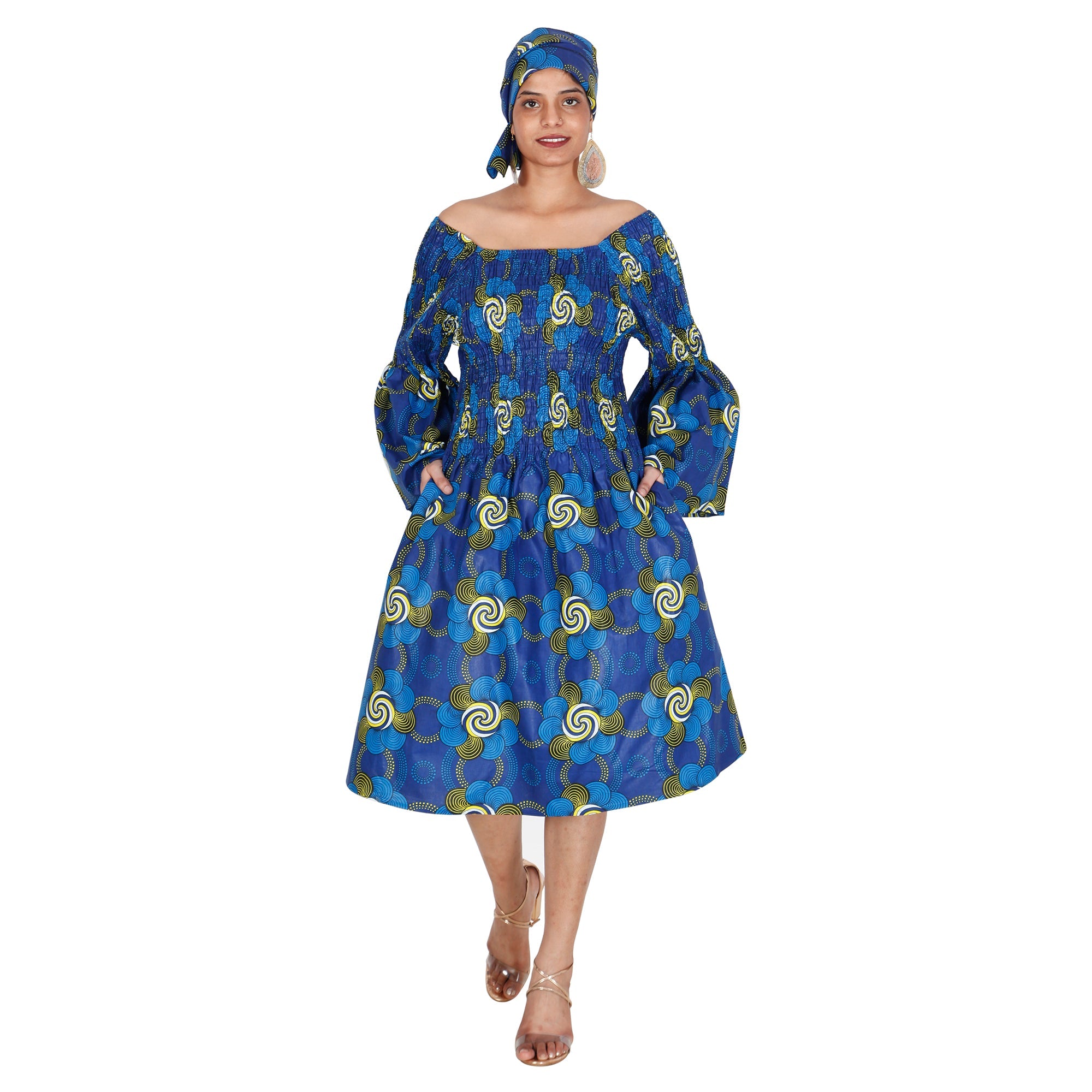 Women's Long Sleeve Smocking Short Dress with Bell Sleeves -- FI-50073