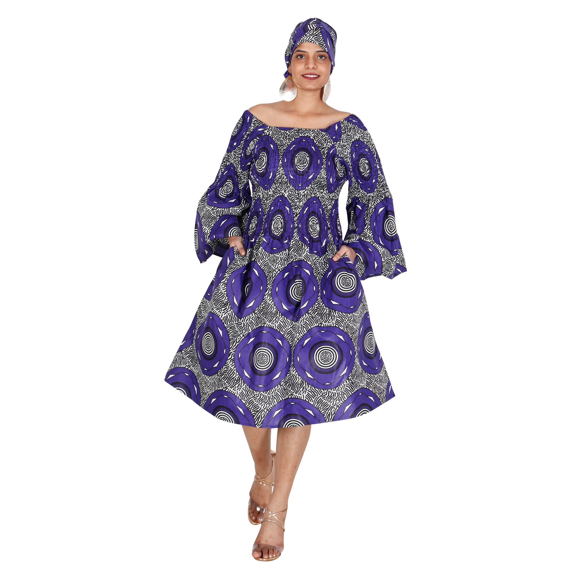 Women's Long Sleeve Smocking Short Dress with Bell Sleeves -- FI-50073
