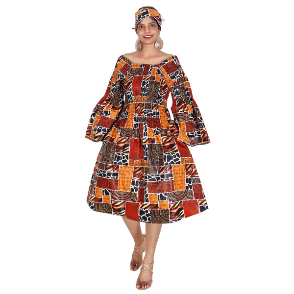 Women's Long Sleeve Smocking Short Dress with Bell Sleeves -- FI-50073