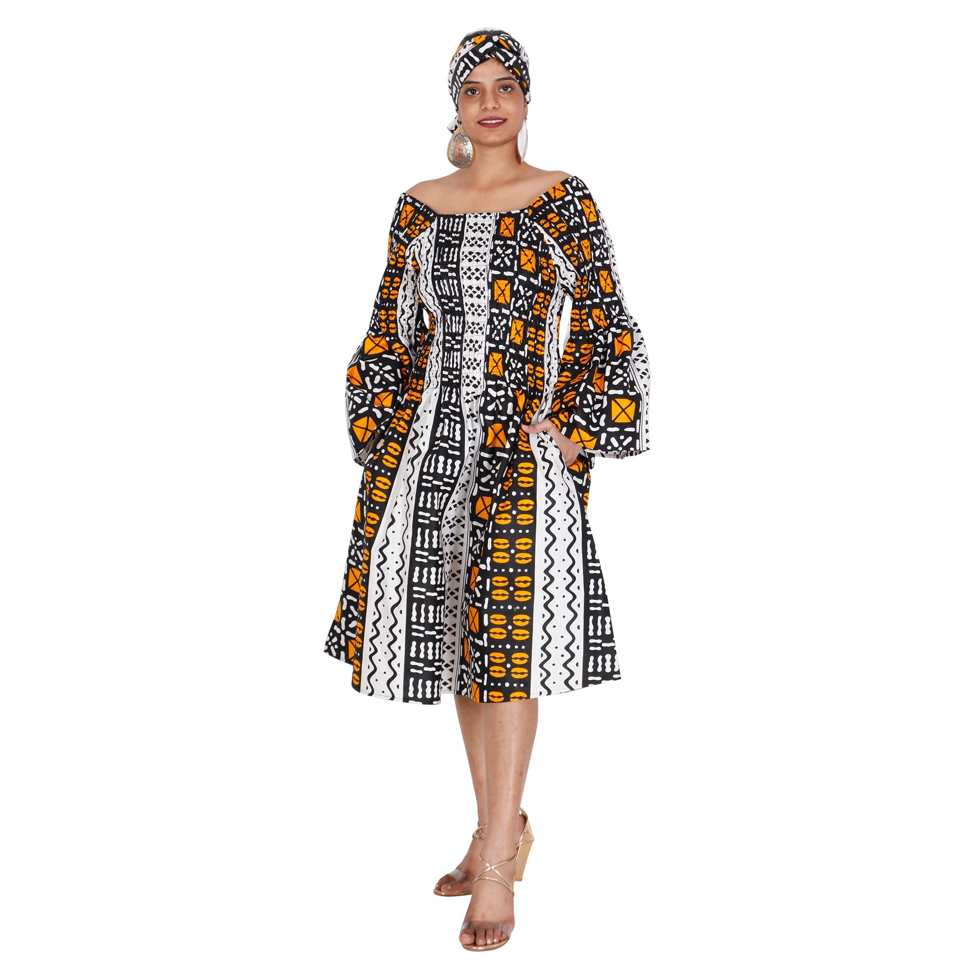 Women's Long Sleeve Smocking Short Dress with Bell Sleeves -- FI-50073