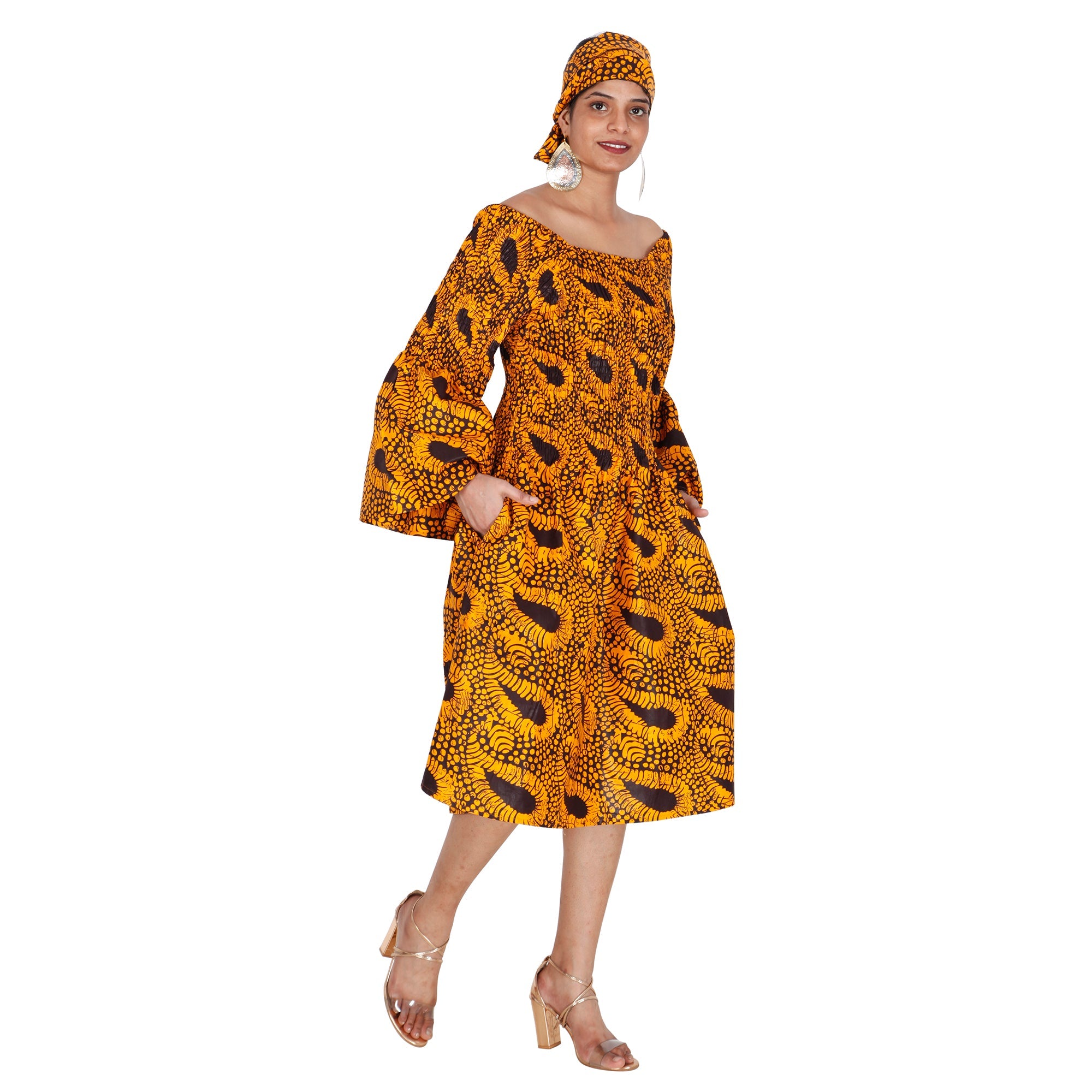 Women's Long Sleeve Smocking Short Dress with Bell Sleeves -- FI-50073