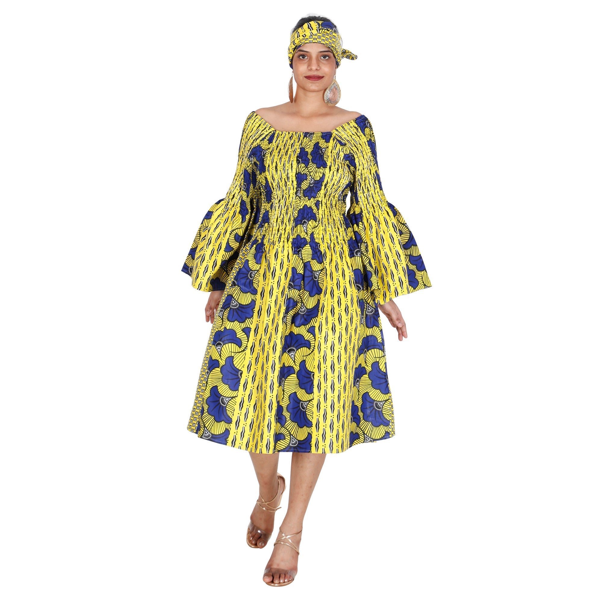 Women's Long Sleeve Smocking Short Dress with Bell Sleeves -- FI-50073