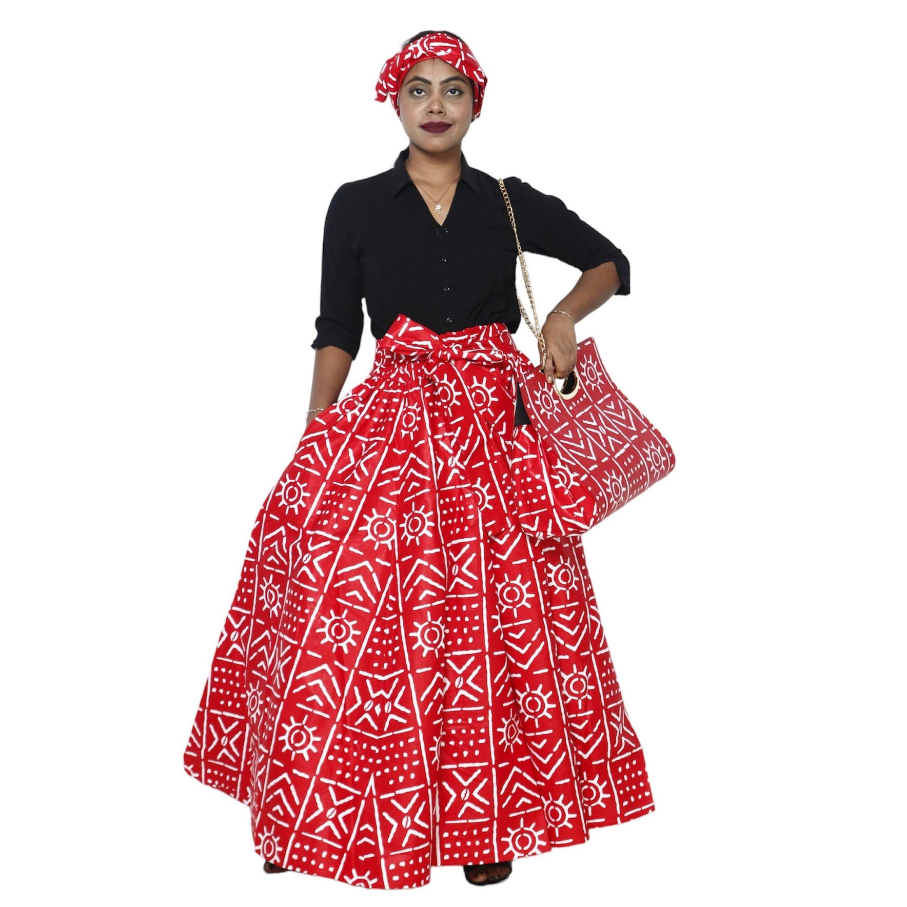 Women's Printed Tie Waist Maxi Skirt with Handbag - FI-32P