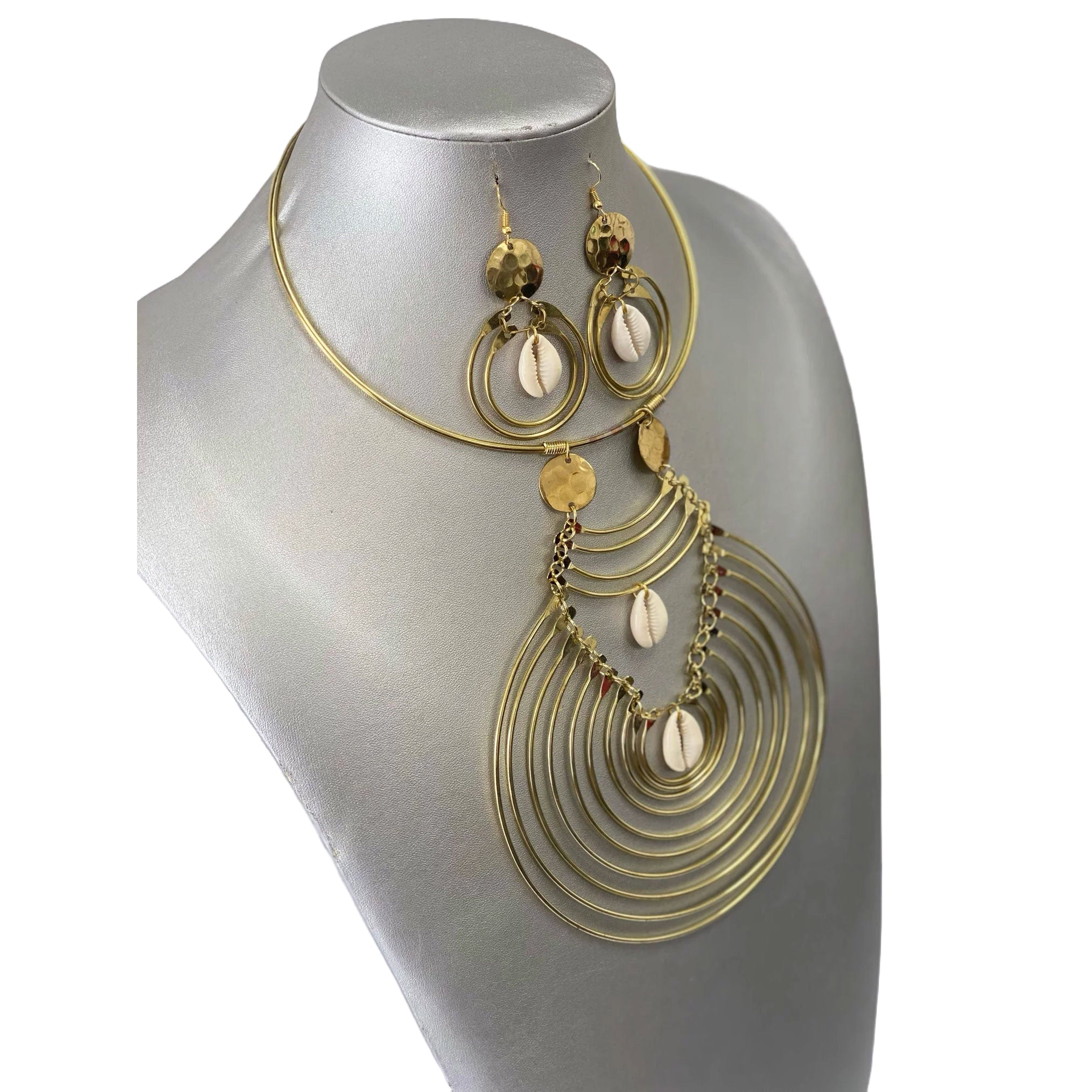 African Gold Metal Disc Necklace Set with Cowrie Shell