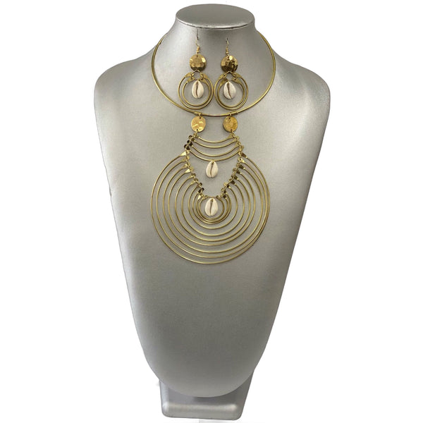 African Gold Metal Disc Necklace Set with Cowrie Shell