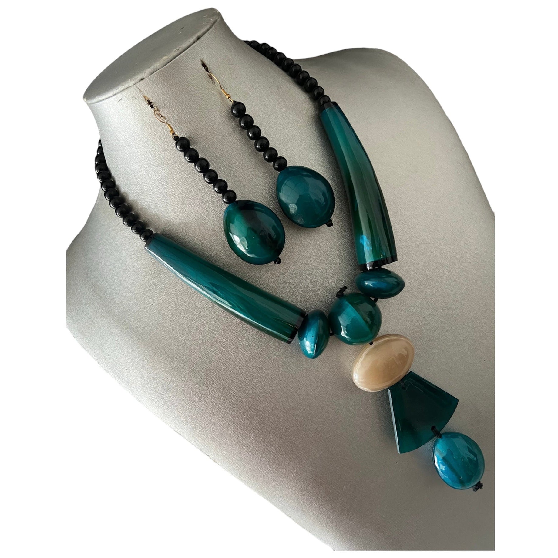 African Women's Wooden Toggle Necklace Set side look