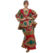 African Women's Dashiki Long Sleeve Peplum Skirt Set -- FI-3009D