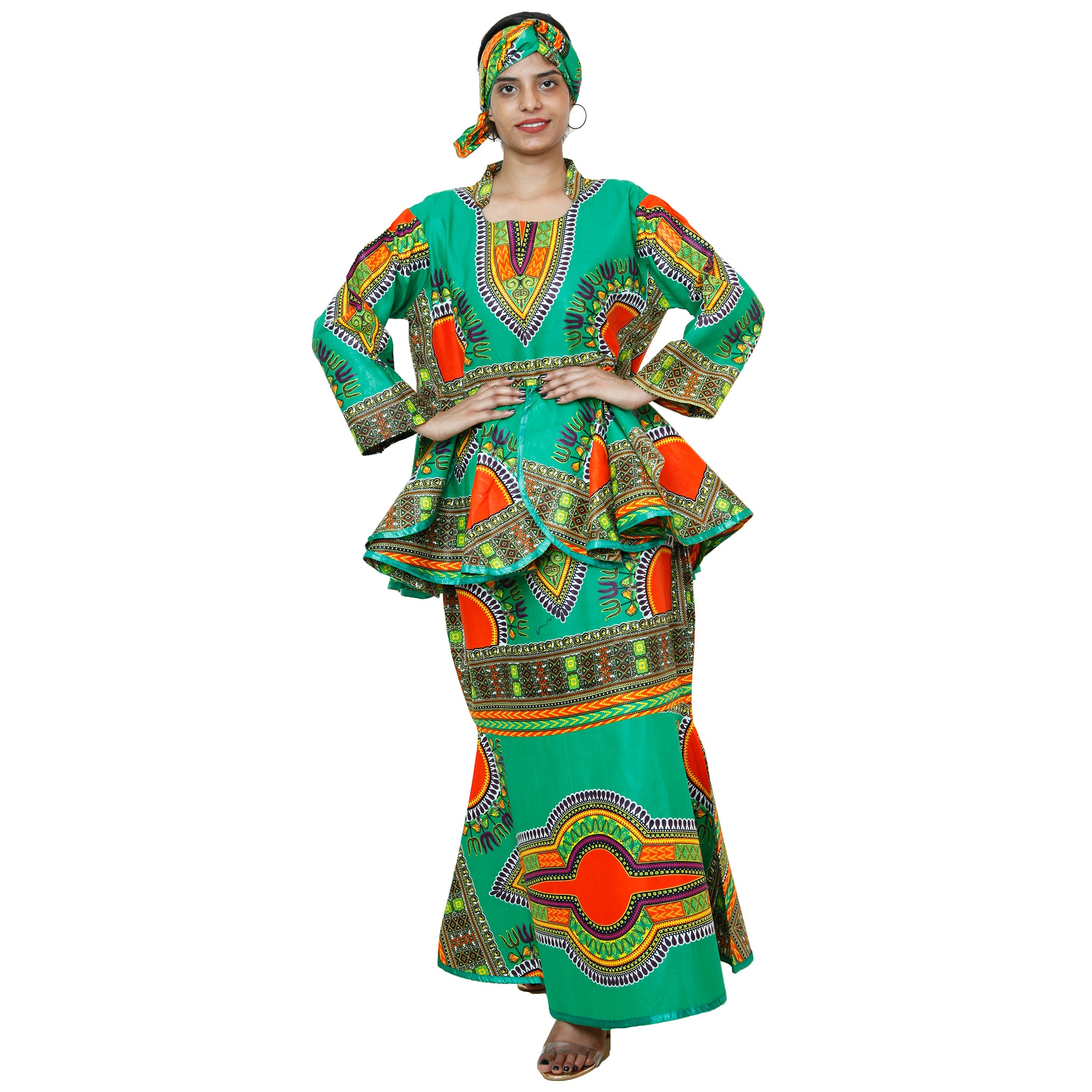 African Stars African Women s Dashiki Long Sleeve Peplum Skirt Set D
