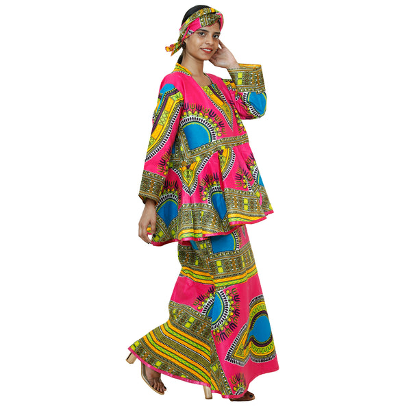African Women's Dashiki Long Sleeve Peplum Skirt Set -- FI-3009D