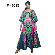 Women's African Printed and Denim Long Sleeve Maxi Dress