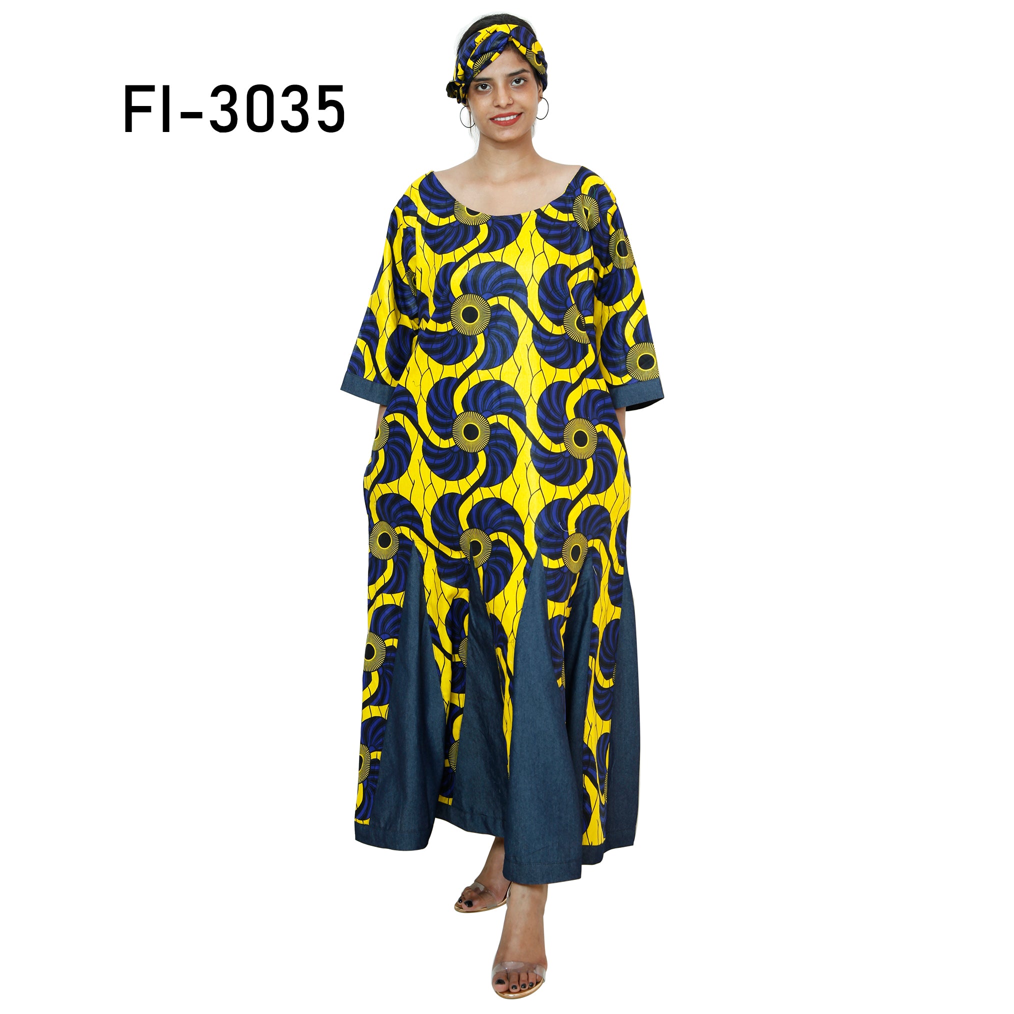 Women's African Printed and Denim Long Sleeve Maxi Dress