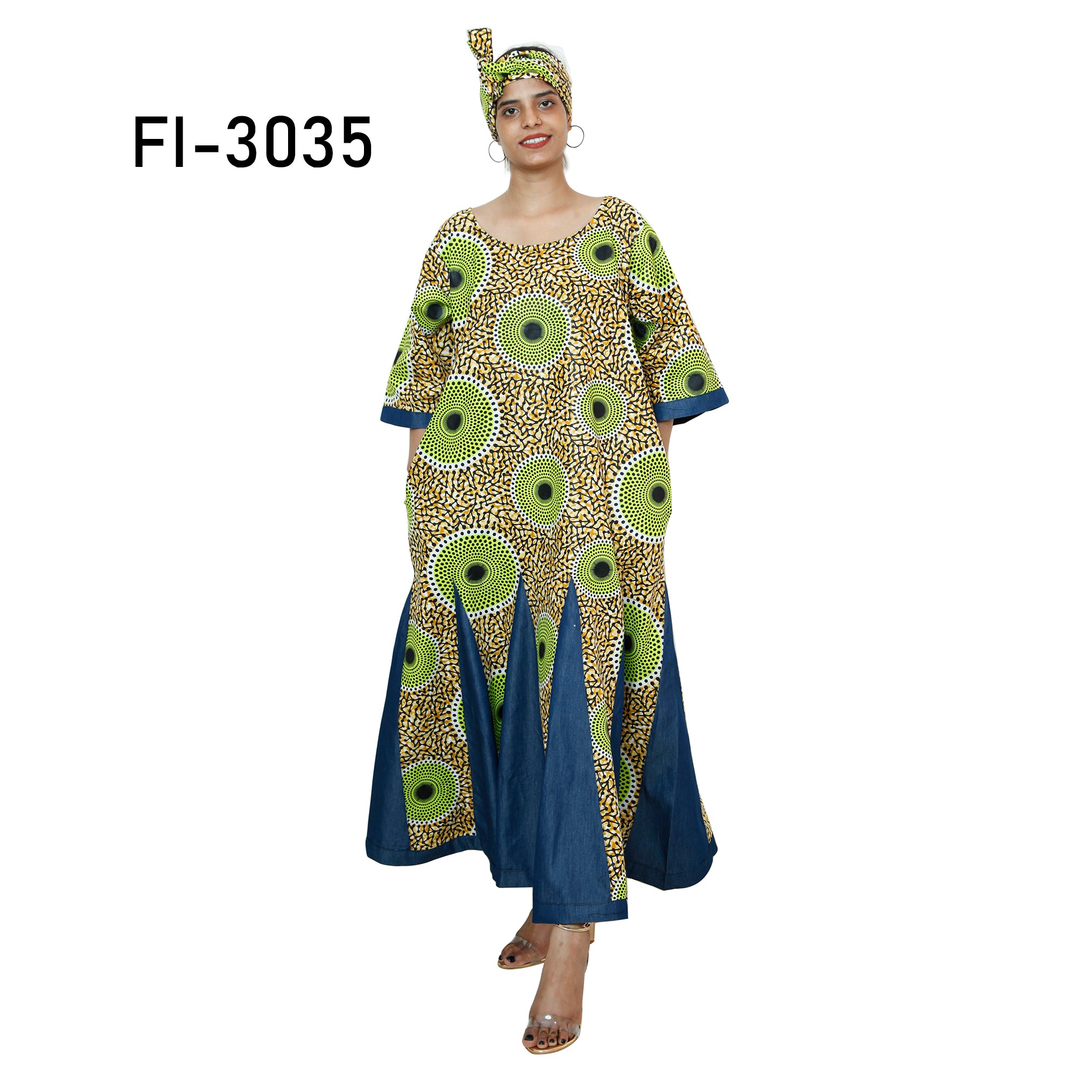 Women's Printed and Denim Long Sleeve Maxi Dress -- FI-3035