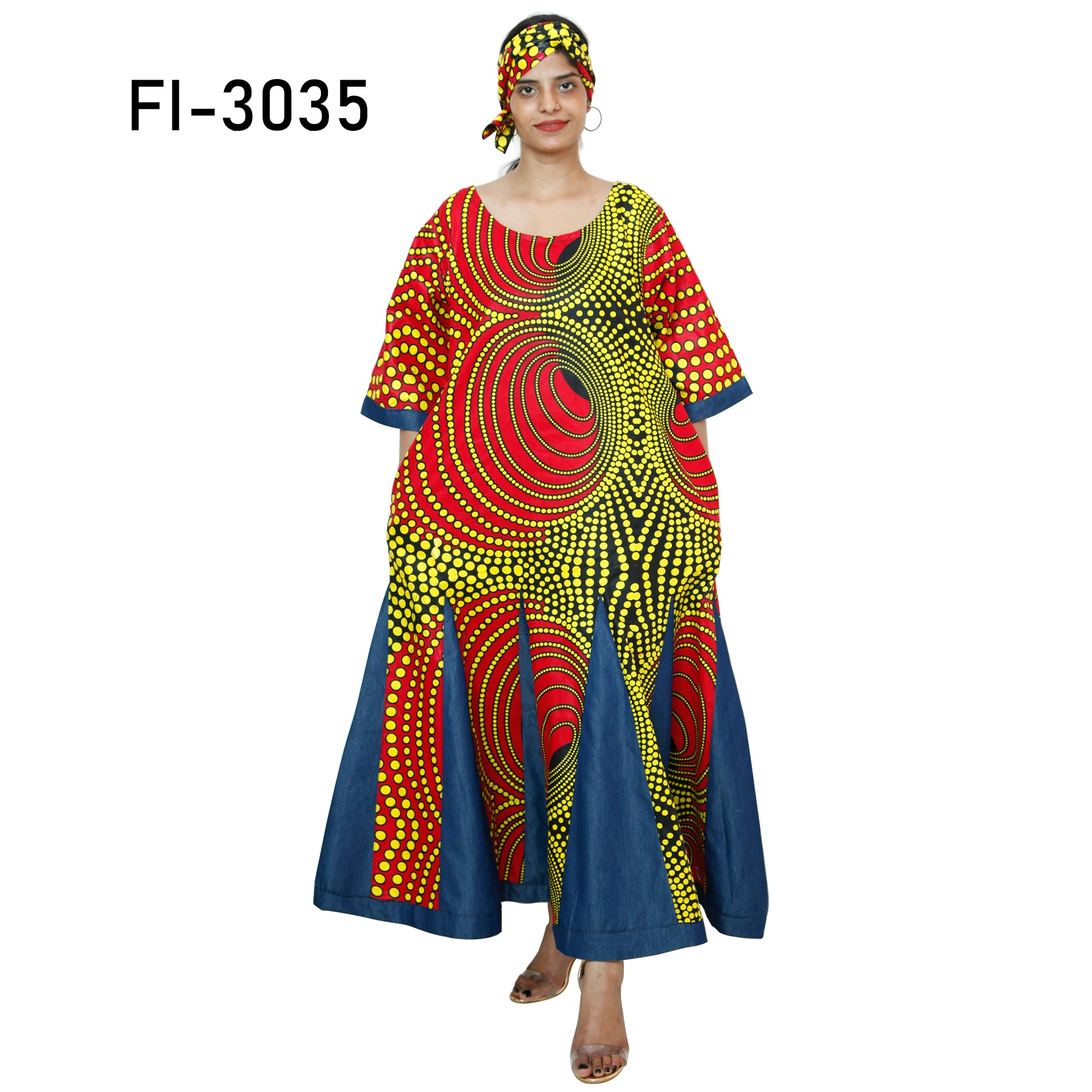 Women's Printed and Denim Long Sleeve Maxi Dress -- FI-3035