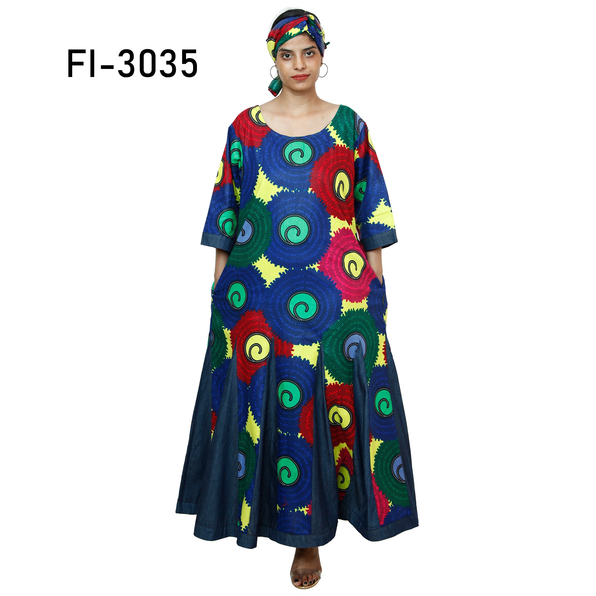 Women's African Printed and Denim Long Sleeve Maxi Dress