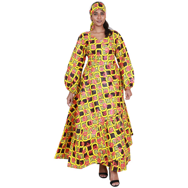 Women's Printed Long Sleeve Maxi Wrap Dress with Scarf - FI-P6203