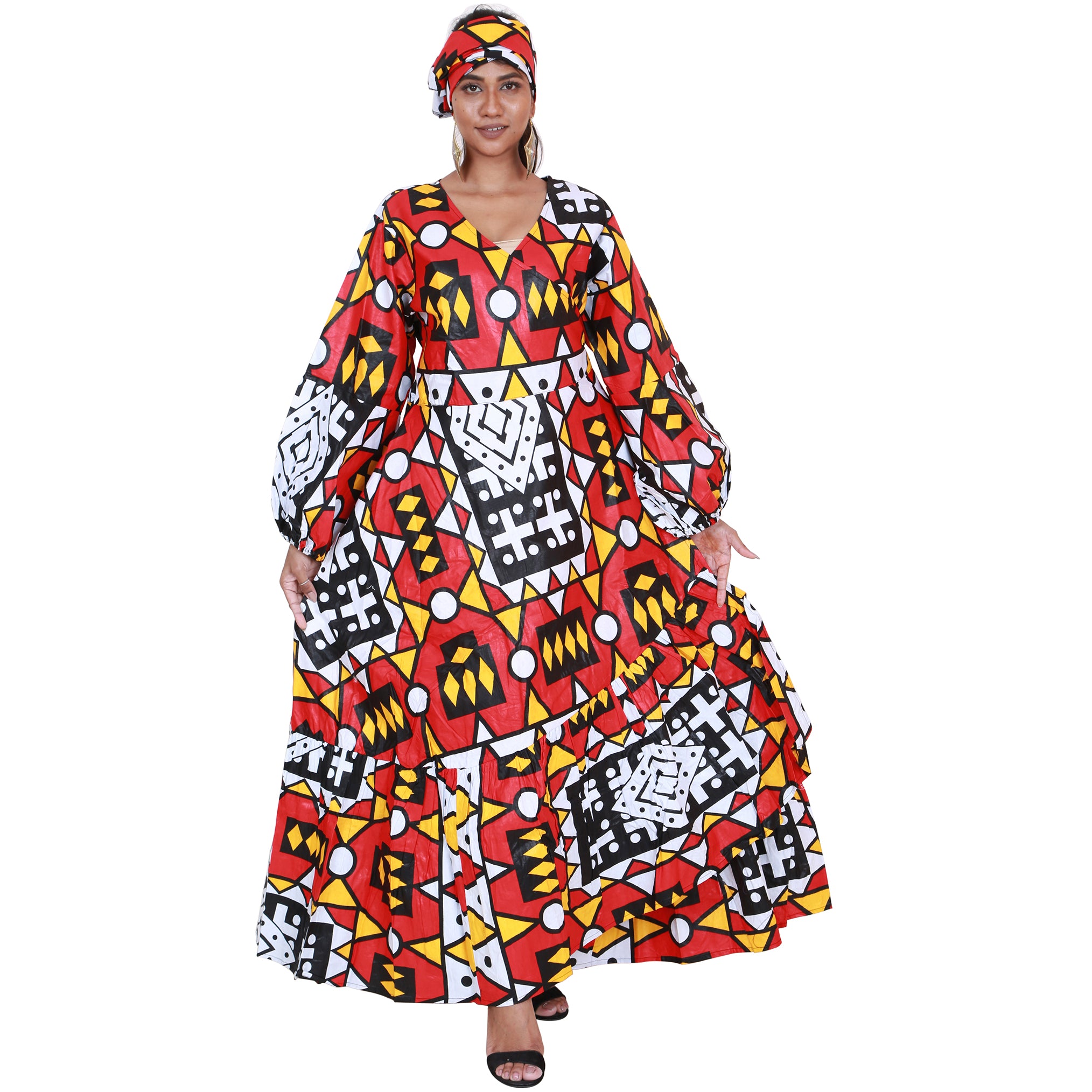 Women's Printed Long Sleeve Maxi Wrap Dress with Scarf - FI-P6203