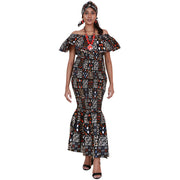 Women's Printed Smocking Off Shoulder Mermaid Dress - FI-P50077